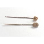 2 antique 15ct gold stick pins 1 set with rose diamond weight 2.2g