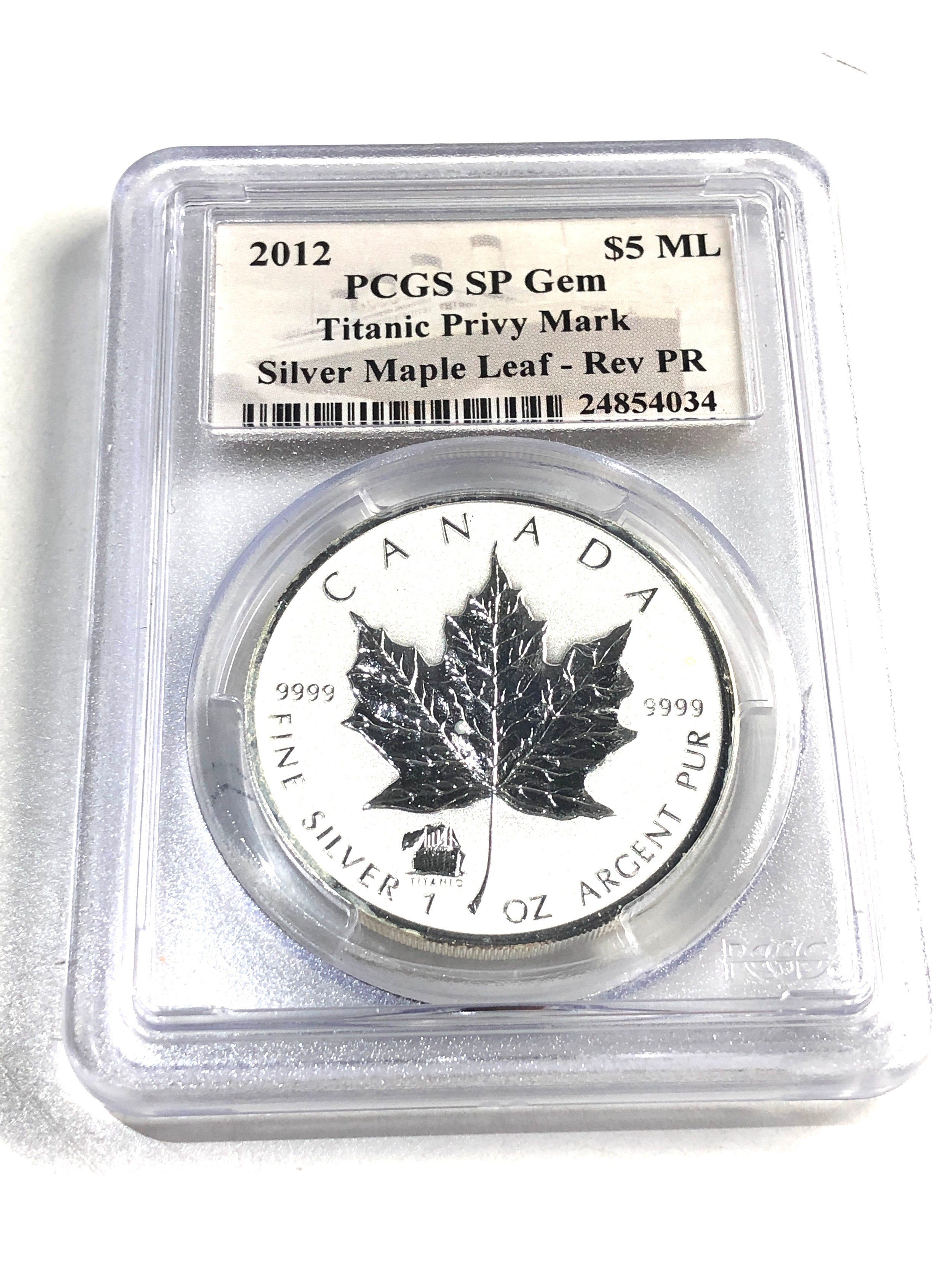 2012 $5 999 silver proof Maple Leaf with Titanic privy Mark