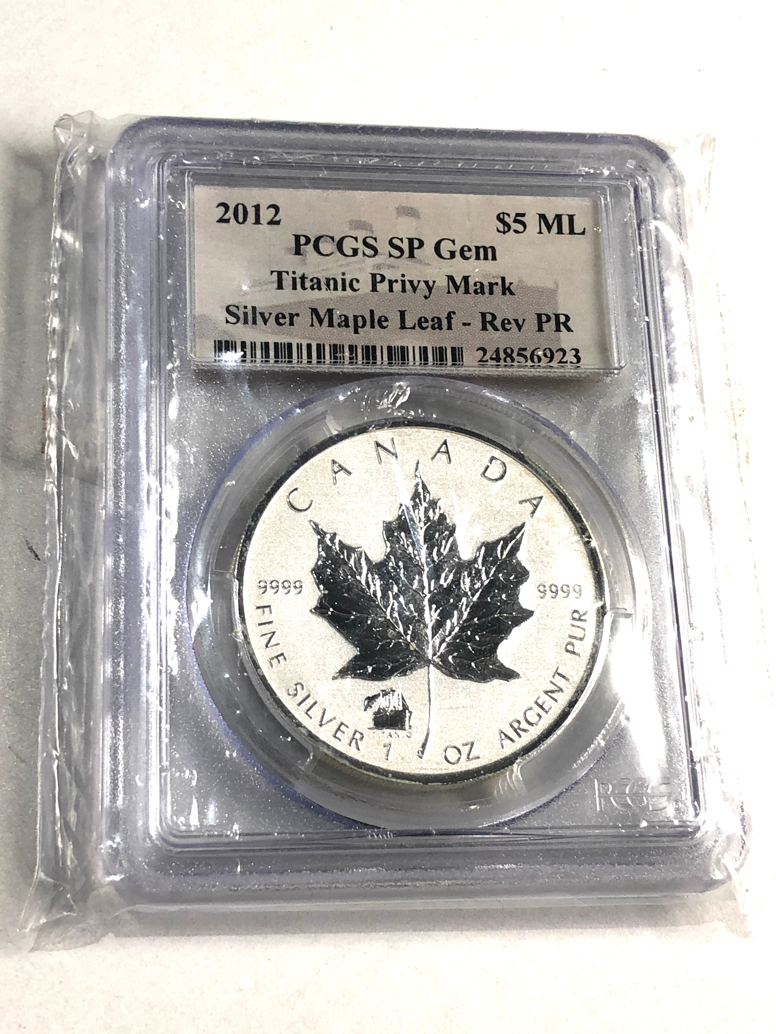 2012 $5 999 silver proof Maple Leaf with Titanic privy Mark