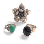 3 vintage floral & stone set silver rings