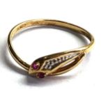 18ct gold diamond & ruby snake ring weight 1.4g