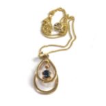 14ct gold vintage sapphire & diamond double teardrop pendant necklace (3g)