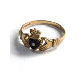 9ct gold vintage heart cut onyx & diamond claddagh ring (1.7g)