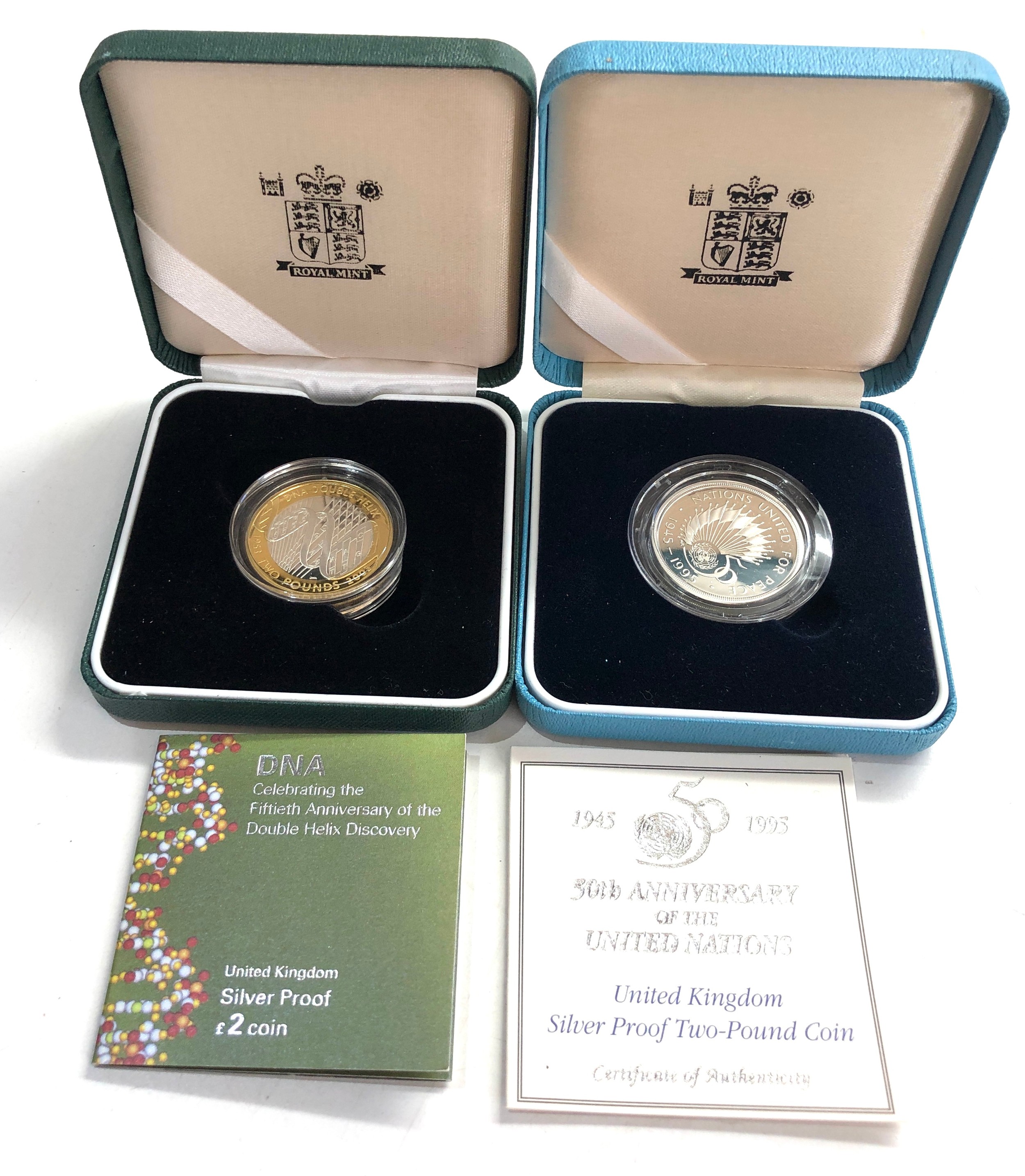 2 x 1995 & 2003 silver proof £2 Coins COA boxed