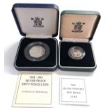 2 x 1990 silver piedfort five pence & 1993 silver proof 50p Coins COA boxed