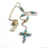 9ct gold vintage turquoise set cross pendant necklace (3.8g)