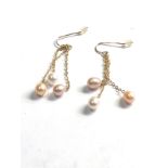 14ct gold pearl three strand chain drop earrings (3.7g)