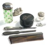 Selection of silver items includes silver top jars pin box etc