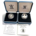 2 x 1988 & 2000 silver proof £1 Coins COA boxed