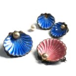 Antique silver enamel oyster shell & pearl brooches and earrings