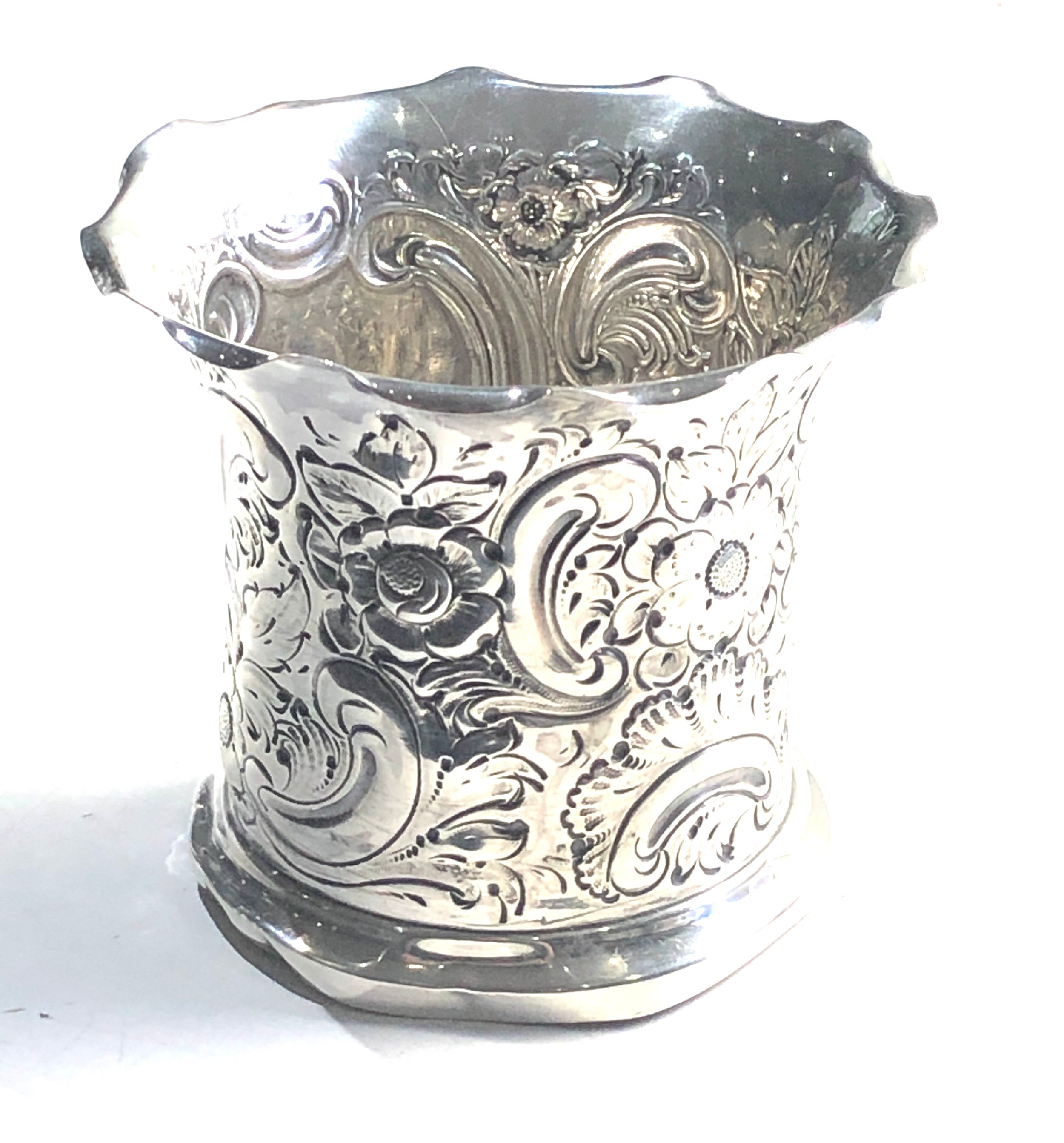 Antique silver floral embossed vase Sheffield silver hallmarks measures approx 9cm dia height 9cm