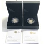 Boxed royal mint silver proof 2011 & 2009 silver one pound coins coa