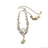 9ct gold faux pearl ornate drop pendant necklace (4.5g)