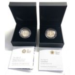 Boxed royal mint silver proof 2010 & 2008 silver one pound coins coa