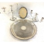 Silver plated tray, mirror, candleabras etc