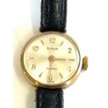 9ct gold Ladies wristwatch, leather strap, watch untested