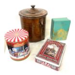 Selection of vintage tins, copper coal bucket