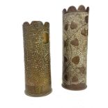 2 WWI Military Trench Art A Brass Artillery Shell Case With Dimpled Hand Hammered Body one with
