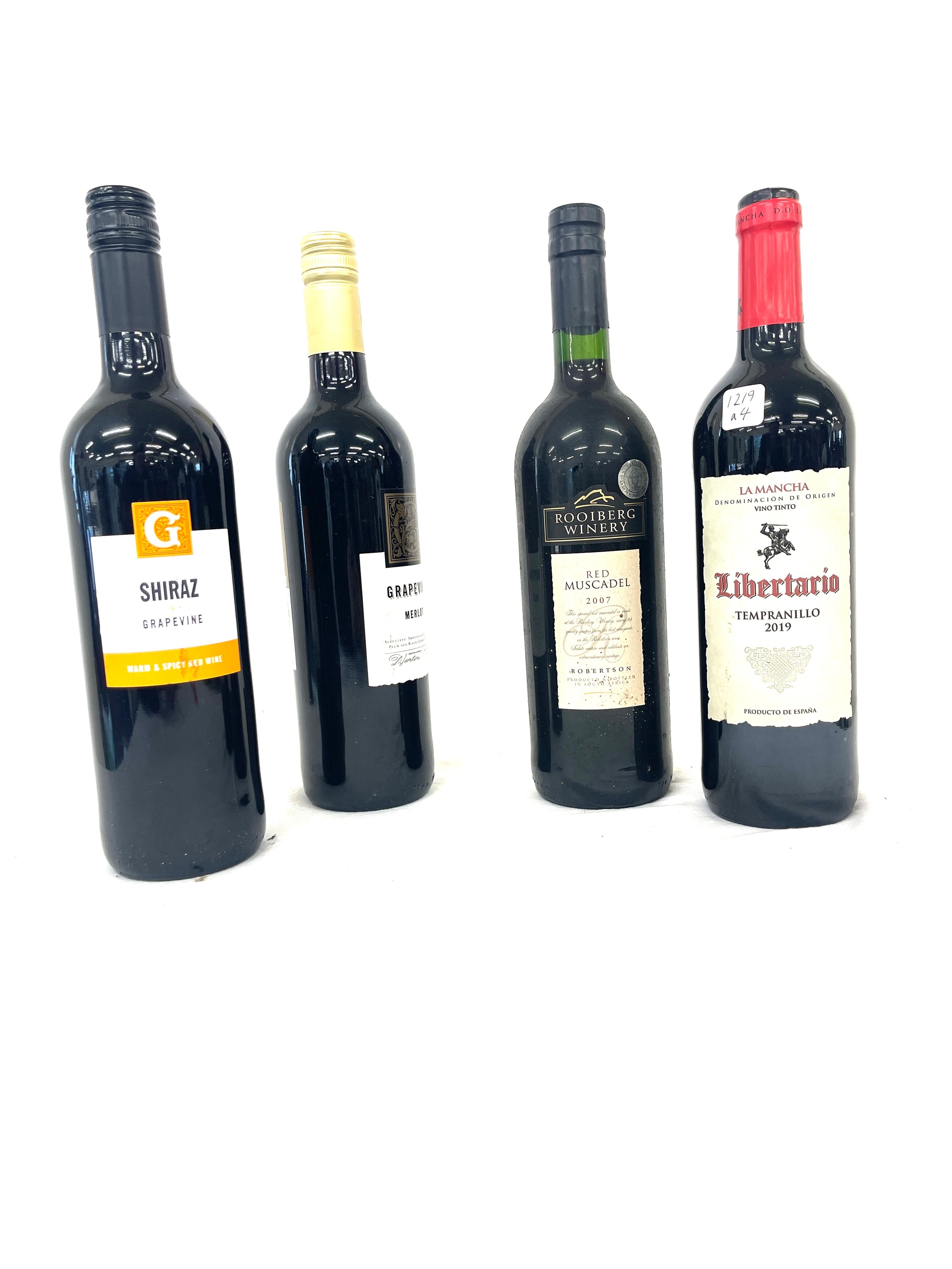 Selection 4 bottles of red wine, to include Shiraz, Merlot, Red Muscadel, Libertario