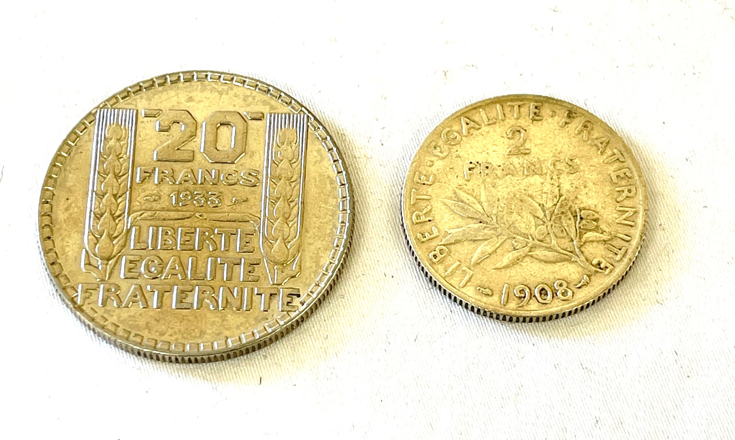 French silver coins (2 Franc 1908, 20 Franc 1933)