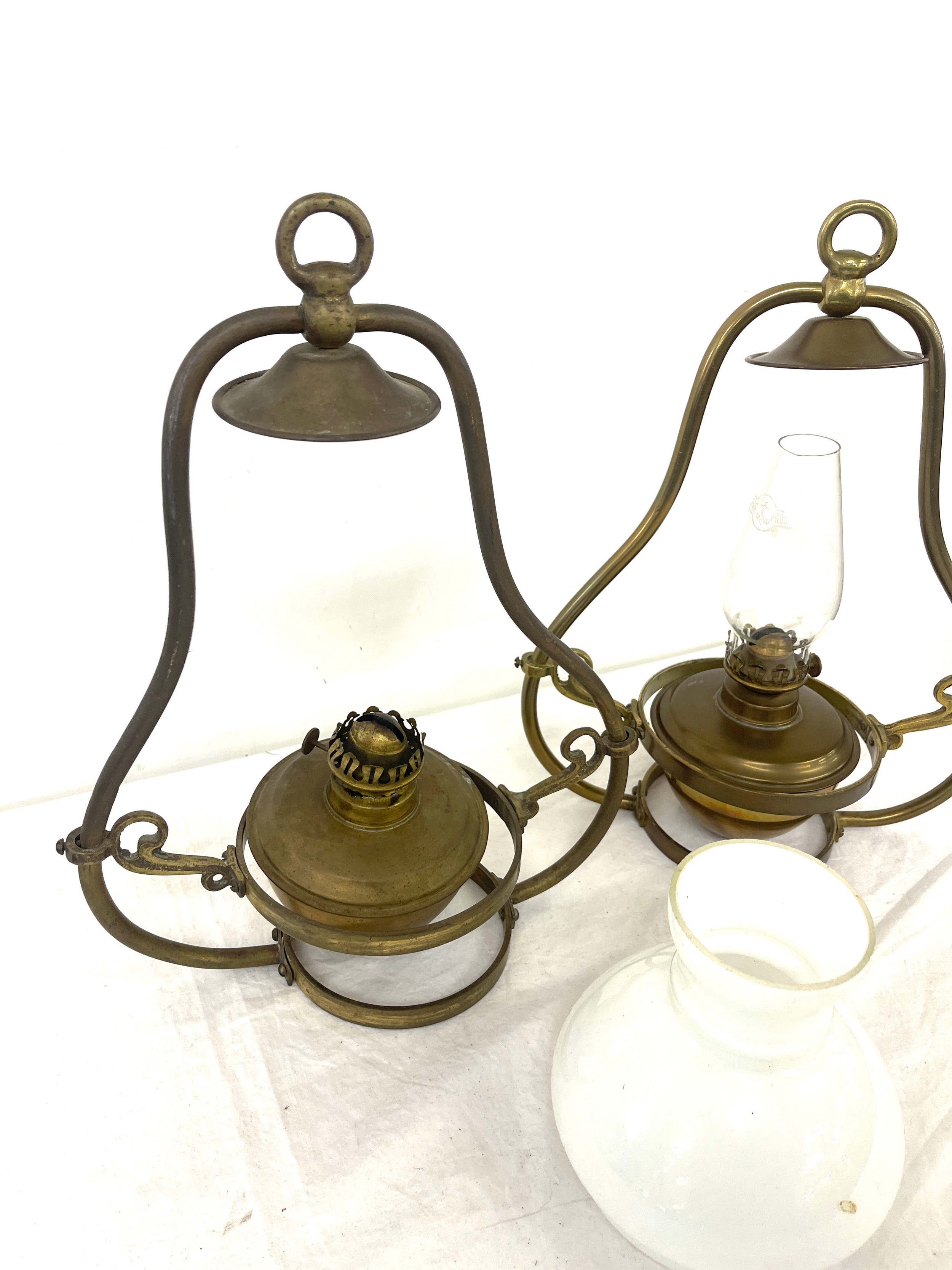 Pair hanging oil lamps, one has a funnel and shade - Image 2 of 3