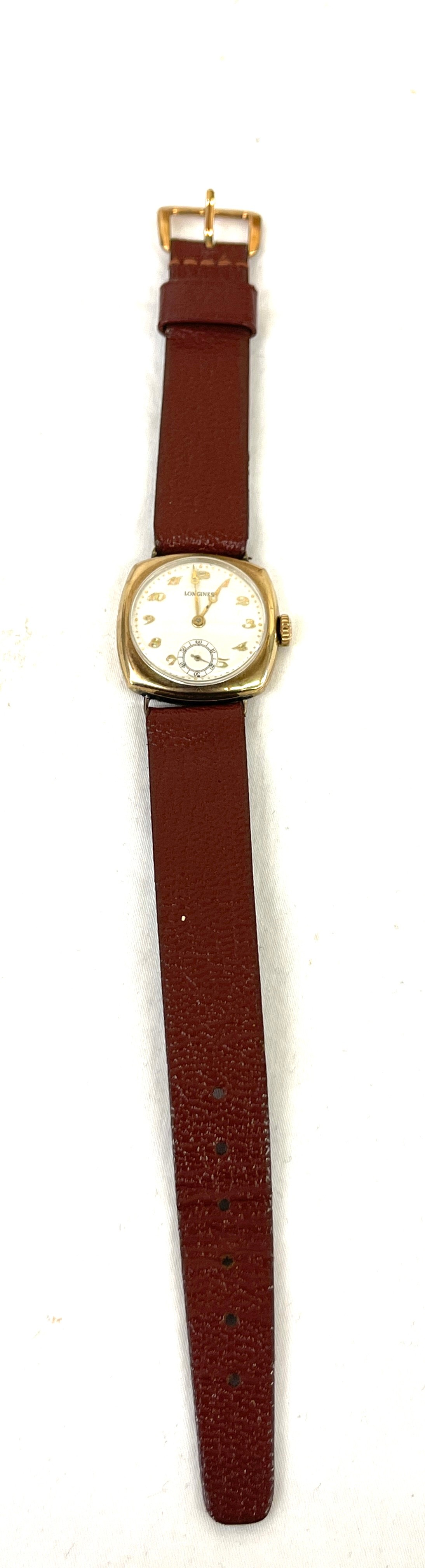 Gents hallmarked 9ct gold Longines wristwatch, leather strap, watch untested - Image 2 of 4