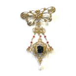 Fine vintage 18ct gold seed pearl, coral spinner pendant brooch, approximate weight 7.8g