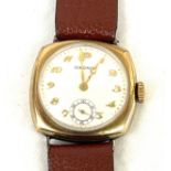 Gents hallmarked 9ct gold Longines wristwatch, leather strap, watch untested