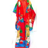 Uchikake / Kimono red dyed green/blue, gold embroidered Royal cart with white/silver peonies
