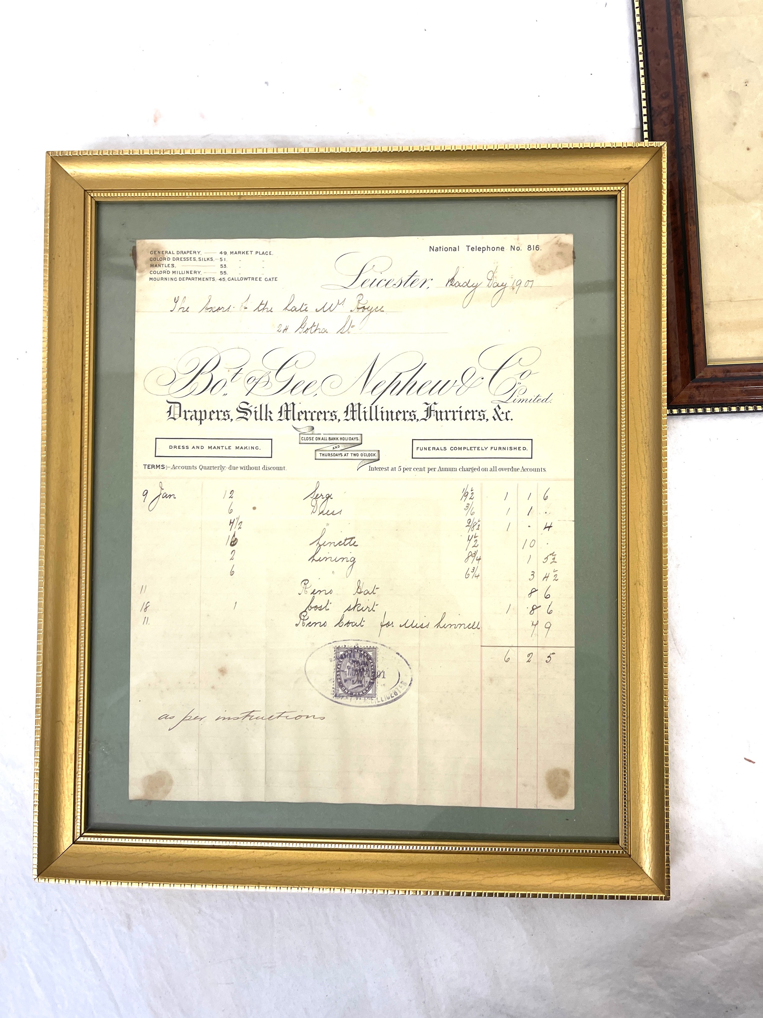 Framed antique dress and mantle making receipt, Antique advertising sign, both measure approximately - Image 2 of 3