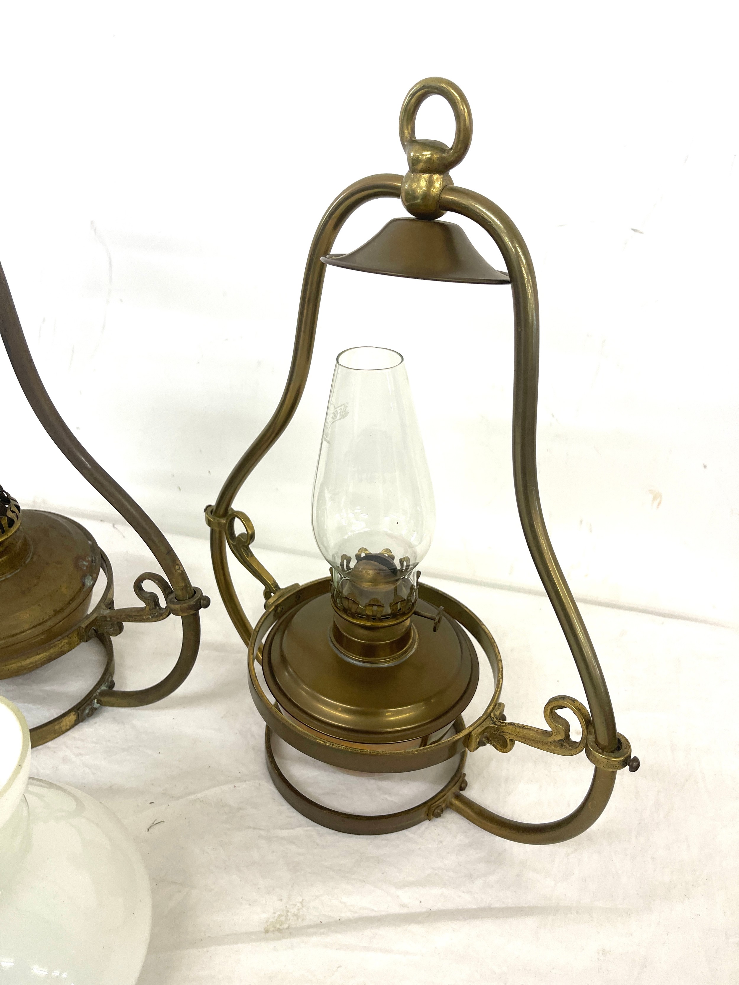 Pair hanging oil lamps, one has a funnel and shade - Image 3 of 3