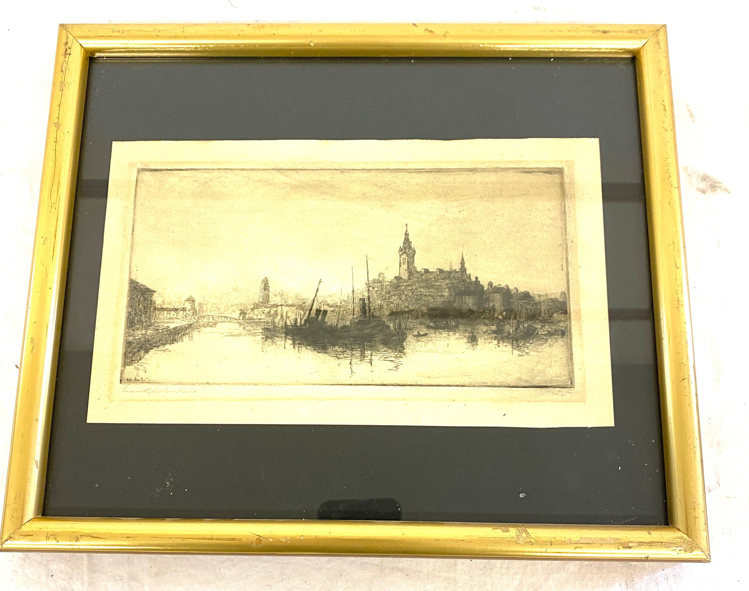 Vintage signed engraving framed measures approx 11" tall by 13" wide