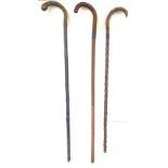 Selection 3 vintage walking sticks, 2 with silver collars