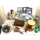 Large selection of miscellaneous items to include framed tiles, figurines, Leonardo figures wooden