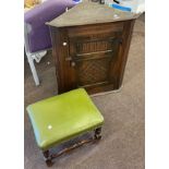 Oak hanging corner cupboard, leather top footstool, approximate measurements of corner cupboard