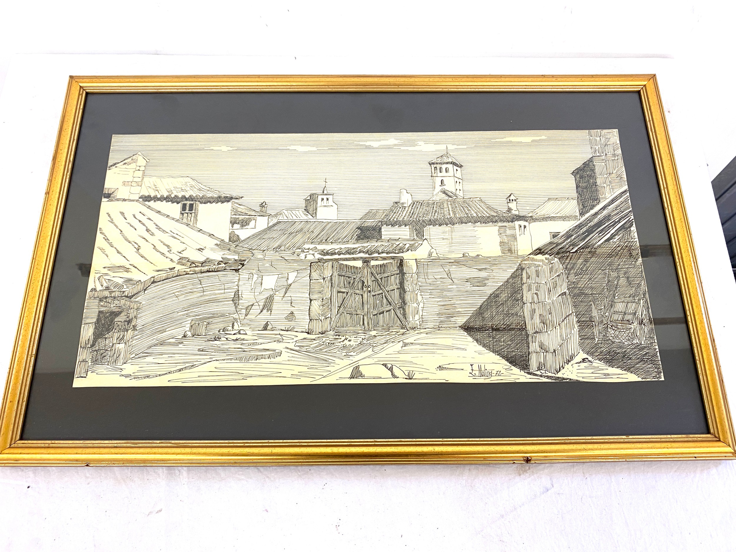 Vintage framed signed pencil drawing measures approx 24" wide 15" tall - Image 3 of 3