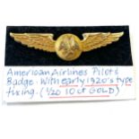 Rare American Airlines pilot wing badge 1920 / 1930s , 1/20th 10ct gold