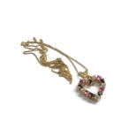 9ct gold vintage ruby, sapphire & stone set open heart pendant necklace (1.5g)