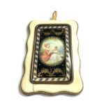 Antique miniature enamel painted plaque panel on ivory measures frame approx 10cm by 6.3cm