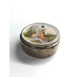 Continental silver painted porcelain panel top pill box xrt tested as silver measures aprrox 4.5cm