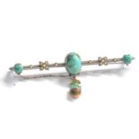 Gold detail antique turquoise & seed pearl bar brooch