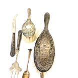Selection of hallmarked silver items to include vesta case, spoons, knife, hairbrushes, shoe horn