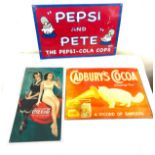Selection of metal advertising signs to include Pepsi and Pete Cadburys Cocoa, Coca Cola, largest