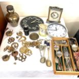 Assortment of vintage brassware, metalware, clocks, cutlery to include Viners