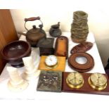 Selection of collectable items to include vintage wooden stand, vase, barometer, copper kettle etc