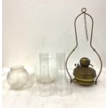 Hanging oil lamp with chimney and spare shades and chimney