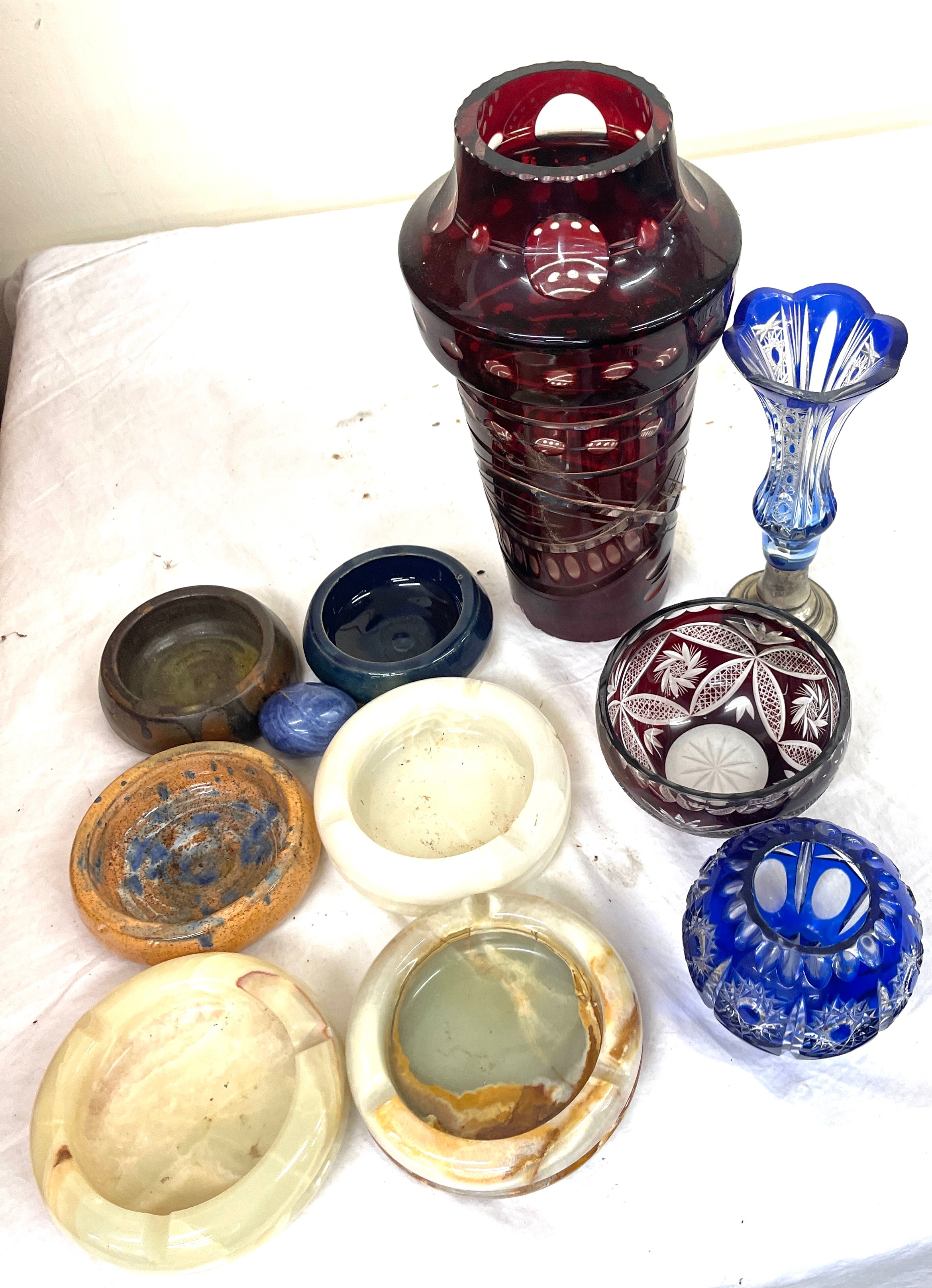 Selection coloured glassware, selection onyx ashtrays, all in good overall condition, largest