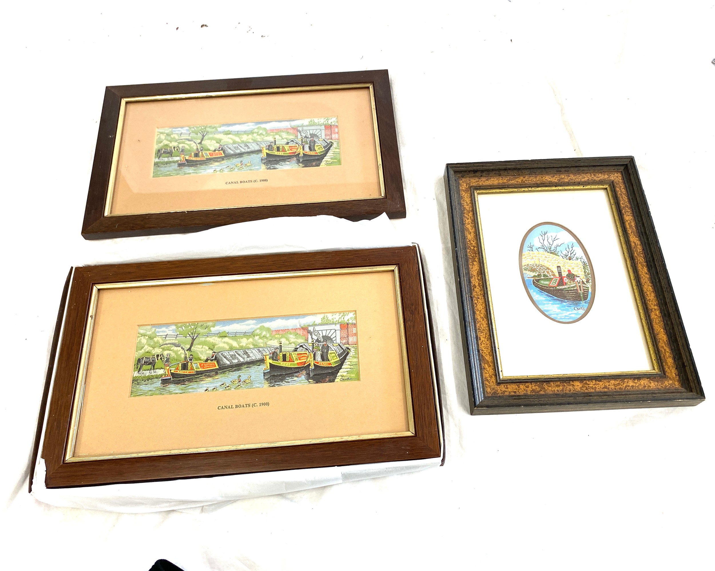 3 framed Woven pictures of boats measure approx 13" by 8.5"