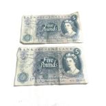 2 Bank of England £5 notes J.Q.Hollom 1963-66