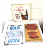 Selection of metal advertising signs to include Try the original root beer, free hot coffee, cold